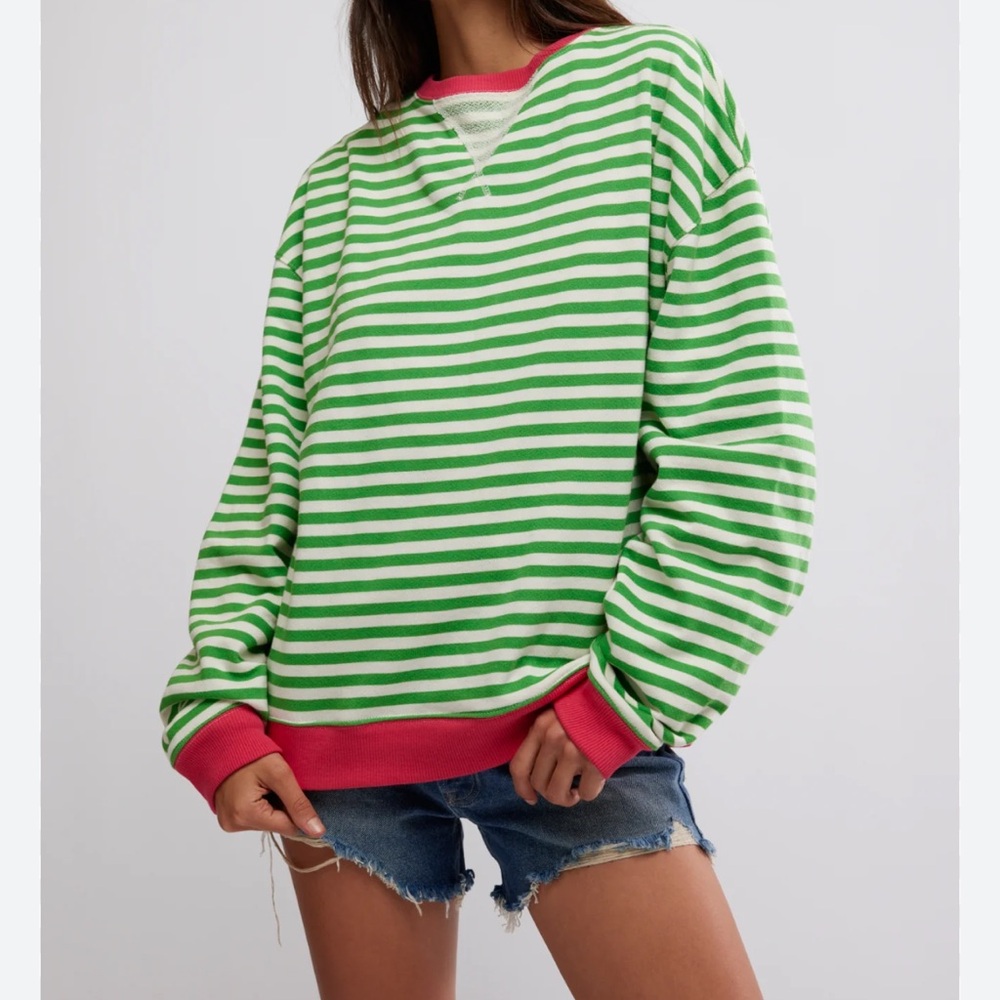 Free people Green and pink viral striped pullover top Sweater size Small NWOT